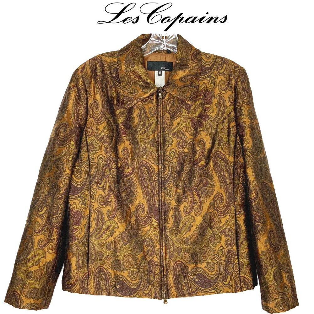 Les Copains Italy Brown/Gold Paisley Brocade Zip Up Jacket Size 8-10